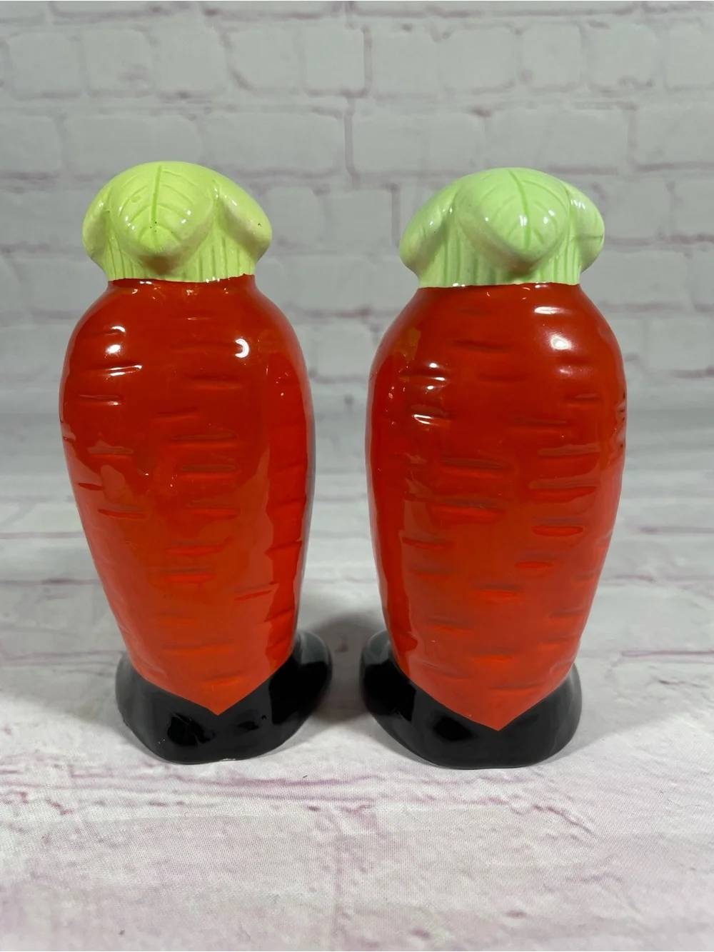 Vintage Anthropomorphic Happy and Sad Ceramic Carrot Salt and Pepper Shaker Pair